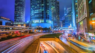 4K，香港市区夜间交通灯及现代建筑物的延时视图视频素材模板下载