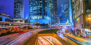 4K，香港市区夜间交通灯及现代建筑物的延时视图