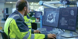 在工厂:机械工程师在电脑上工作，用CAD设计发动机三维模型。背景中的工厂工人和制造过程。