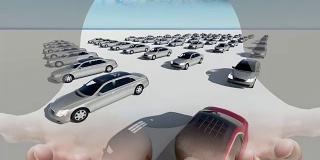 混合媒介的两个3d动画手握地球和数百辆汽车，但只有一个红色