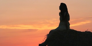 美丽的女人剪影坐在草球欣赏自然日落