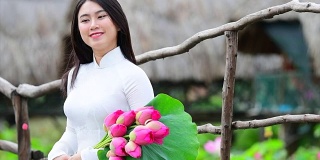 越南女子在莲花地里抱莲的慢镜头，越南