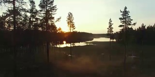 鸟瞰图的湖在日出，雾和树木。森林里有雾的早晨。美丽的自然背景。瑞典的风景