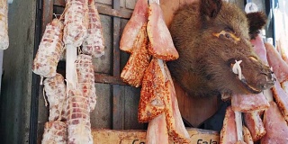 意大利食品，用野猪和鹿做成的肉干熟食。制造香肠。干燥、模具、肉。概念:火腿、美食、西班牙、意大利、餐饮