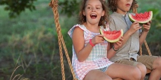 孩子们吃西瓜，荡秋千。温暖的暑假，幸福的家庭，兄弟姐妹
