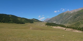 绿色美丽的景观与山谷，天山和蓝天，锁定镜头