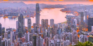 4k时间从香港维多利亚峰日出到日落的香港城市景观