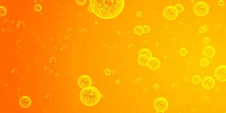 背景是橘黄。气泡的空气在水平运动时参照左边。黄金泡沫的空气。项目背景，休息，油，蜂蜜，啤酒，果汁，洗发水或其他成功的选择。