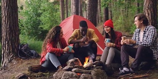 在寒冷的秋日里，快乐的多民族旅行者们用热饮碰杯，然后围坐在篝火旁喝酒聊天。