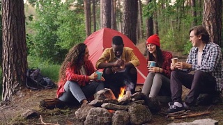 在寒冷的秋日里，快乐的多民族旅行者们用热饮碰杯，然后围坐在篝火旁喝酒聊天。视频素材模板下载