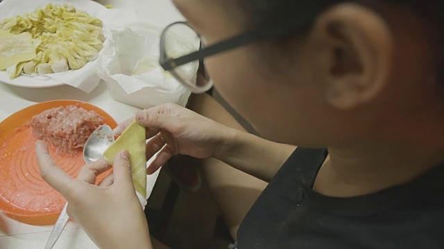 亚洲妇女手工制作馄饨和饺子馅。理念:爱、食物、客人共进晚餐。