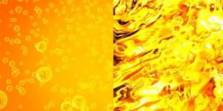流的黄金。黄橙色液体中的气泡。在白色和黑色背景上放置文字等。