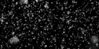 美丽的特写雪花飘落缓慢无缝与DOF模糊的黑色背景。慢动作循环3d动画。α无光。
