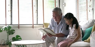 老人在家里的客厅里教女孩一起读书。白种人家庭观念，教育，小学，成长学习和发展的年龄。4 k决议。