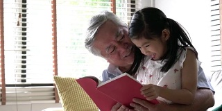 老人在家里的客厅里教女孩一起读书。带着孩子的老人坐在膝盖上。白种人家庭观念，教育，小学和成长学习。4 k决议。