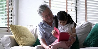 老人在家里的客厅里教女孩一起读书。带着孩子的老人坐在膝盖上。白种人家庭观念，教育，小学和成长学习。4 k决议。
