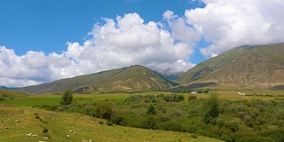 美丽的山川景观，绿色的草地和蓝天时光流逝