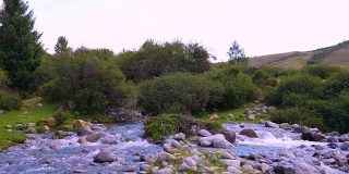 美丽的风景与山区河流在森林吉尔吉斯斯坦