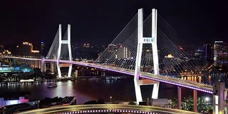 4K:夜晚到时光流逝的斜拉桥，上海，中国