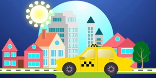 黄色出租车在城市的道路景观背景。的士服务平面插图视频概念与复制空间为您的文本在空白屏幕开始和结束。