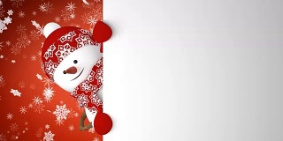 滑稽的雪人在红帽问候与手和微笑在下雪的背景。美丽的3d卡通动画绿色屏幕阿尔法磨光。动画贺卡圣诞快乐。