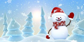 可爱的雪人在红色的圣诞老人帽问候与手和微笑在阳光下的雪。美丽的3d卡通动画。动画贺卡。圣诞快乐新年快乐概念。