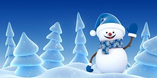 快乐的雪人在蓝色的圣诞老人帽与手问候和微笑在冬季森林。美丽的3d卡通动画。动画贺卡。圣诞快乐新年快乐概念。