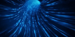 快速飞行通过蓝色科幻隧道可循环的3D渲染