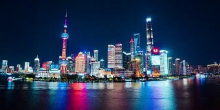 广角视野的外滩，上海的城市景观，夜晚的时间流逝