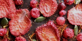 巧克力配草莓干和蔓越莓。特写镜头。对该物体的详细旅行。