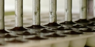 糖果。生产巧克力的生产线。巧克力机-倒入模具