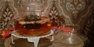 桌上有一个放着热茶的玻璃茶壶