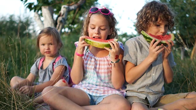 孩子们喜欢吃西瓜，并竖起大拇指。类。健康食品，暑假
