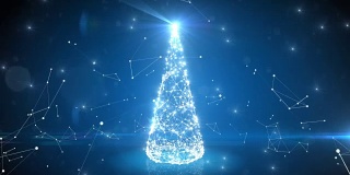 未来的蓝色数字圣诞树生长在抽象的网络空间与链接和连接。闪烁的灯光。圣诞快乐，新年快乐。