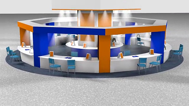 在一个八角形的集市上销售的亭子的3D动画，在圆形地毯上为顾客和卖主提供椅子。站在白色背景的白色，蓝色和橙色的颜色