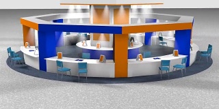 在一个八角形的集市上销售的亭子的3D动画，在圆形地毯上为顾客和卖主提供椅子。站在白色背景的白色，蓝色和橙色的颜色
