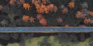 鸟瞰图与摄影车左侧的风景路线，在秋天，日光，日本。