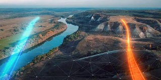 4k鸟瞰图传播信息的概念，数据流过河流和山脉的自然景观