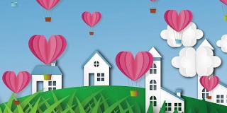 爱情在空气中，在情人节剪纸红色心形，气球飞行和心形装饰与动态图形动画片段