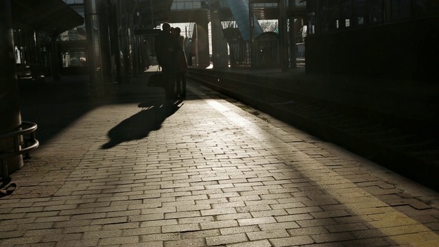 幸福的年轻情侣在火车站的月台上走到火车上，在最后一缕阳光下，浪漫情侣的剪影