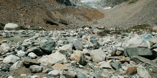 石质冰碛在山上以冰川为背景，运动缓慢。山涧和野花，镜头移动
