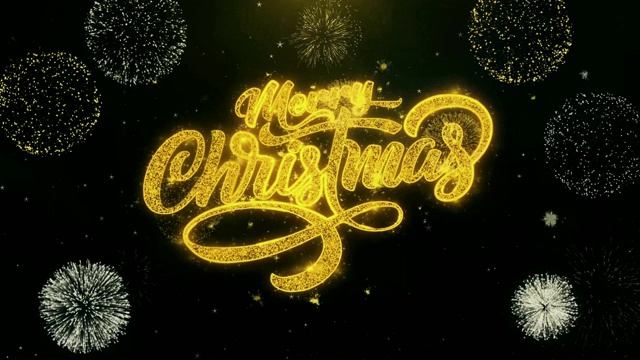 写着圣诞快乐的金色闪光粒子火花爆炸烟花显示4K。采购产品贺卡，庆典，派对邀请，日历，礼物，事件，消息，节日，祝愿节日。