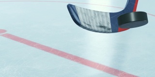 冰球棍击打冰球冰球在冰上的慢动作特写。美丽的3d动画飞行冰球。积极运动的概念。IDα面具。