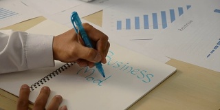 商人用记号笔在纸上写下商业模式