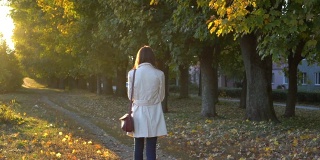 年轻美丽的女人在秋天公园散步。秋天，女孩在森林里散步，生活理念