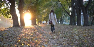 年轻女孩走在秋天的森林或公园里。慢动作