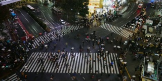 日本东京涉谷十字路口，许多行人和车辆在夜间通过。涩谷是时尚购物娱乐。
