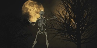 在满月的夜空背景上跳舞的3d骨架。月亮的光。云和月亮，美丽的夜晚幽灵无缝循环背景