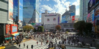 在日本东京的银座，一群人穿过涩谷街，世界上最繁忙的人行横道之一