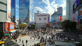 在日本东京的银座，一群人穿过涩谷街，世界上最繁忙的人行横道之一视频素材模板下载